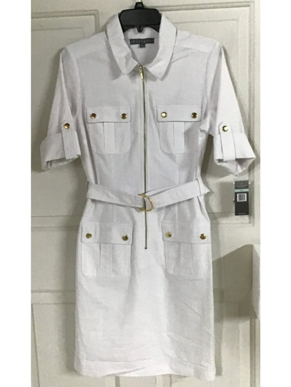 Sharagano Collard Zip Front Belted Short Sleeve White Dress Size 8